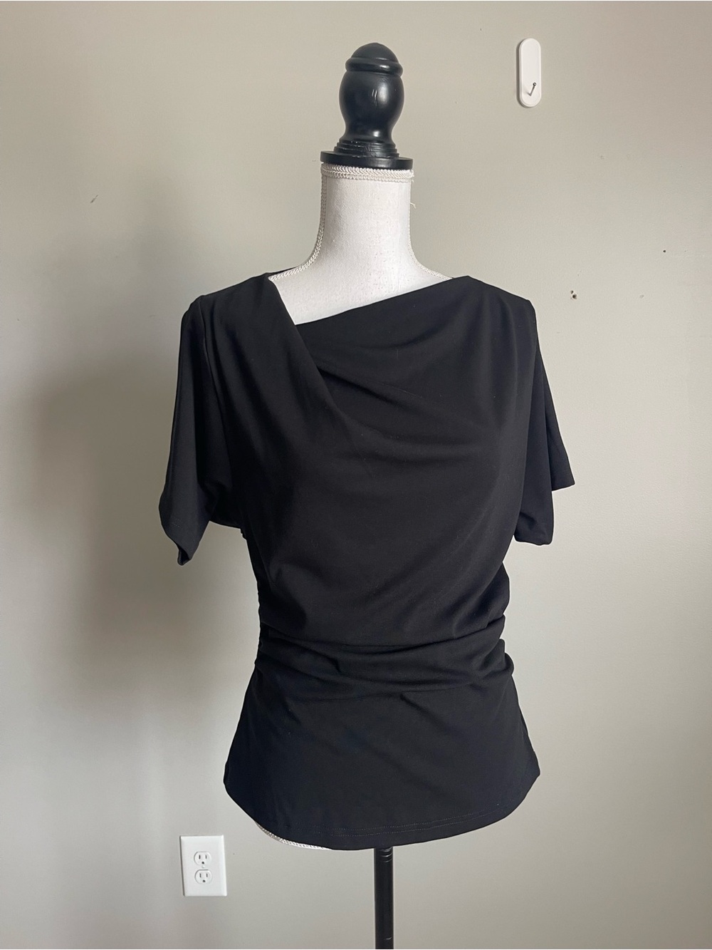 OGL | Black Asymmetrical Cowl Neck Ruched Top Sz L - Picture 7 of 10